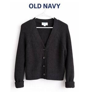 Old Navy Black Ribbed Cardigan Cropped Button Front Cozy Grandpa